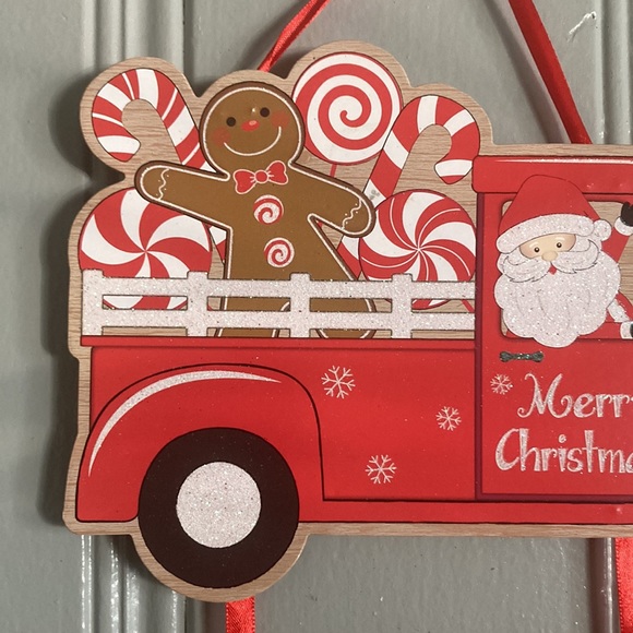 NWT Wooden Glitter Merry Christmas Santa Truck Candy Cane Lane➡️ Decoration Sign - Picture 4 of 12